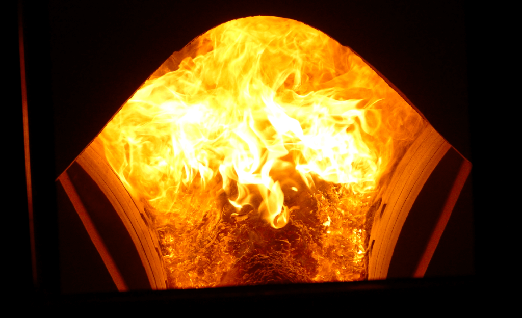 Wood burning inside biomass boiler